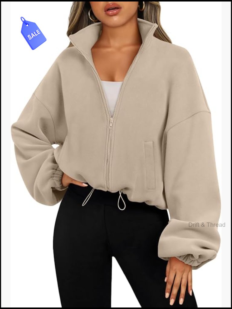 Fleece Zip Up Oversized Crop Sherpa Sweatshirt Jacket